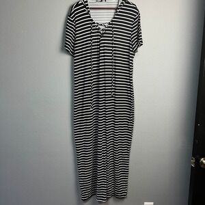 Vibe Sportswear 2X Black White‎ Striped Maxi Dress Short Sleeve Hooded Nautical